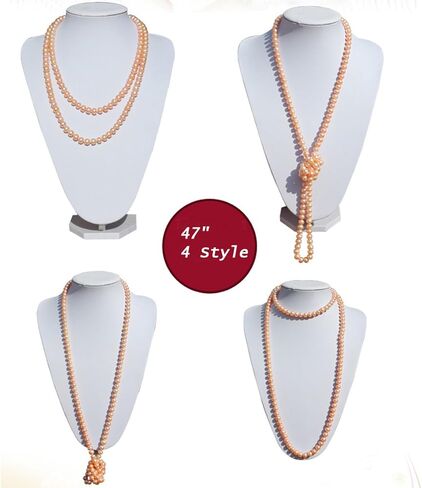 JYX قلادة طويلة من اللؤلؤ الطبيعي 8-9 مللي متر قلادة من لؤلؤ المياه العذبة الوردية 48" in Kuwait