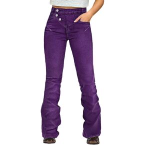 Flamingals Mid Waist Bootcut Pants for Women Back Button Decor Asymmetrical Patched Pocket Trendy Pants in Kuwait