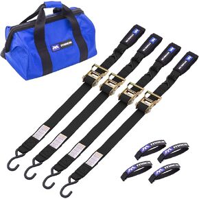 Mac’s 2" x 6' Motorcycle Ratchet Strap Kit, 4 Tie-Downs with S-Hooks, Integrated Soft Loops, Strap Wraps & Canvas Storage Bag - 10,000 lb Break Strength - Black in Kuwait