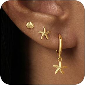 3 Pairs 14K Gold Plated Dangle Earrings Set for Women, Dainty Seashell Starfish Stud Hoop Earrings for Multiple Piercing Cartilage Beach Ocean Summer Jewelry Valentine's Gifts for Women in Kuwait