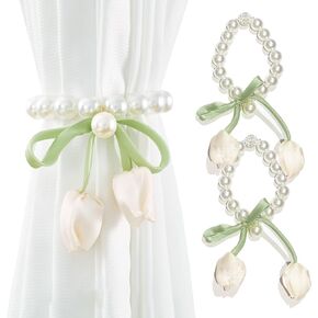 YUEDOUBN ستائر مغناطيسية، عبوتان من ستائر النوافذ، حاملات خلفية لربطات العنق مع أداة زهرة التوليب المطرزة باللؤلؤ، غرفة نوم منزلية مجانية، مكتب داخلي وخارجي، ديكور بوهو كريمي بيج in Kuwait