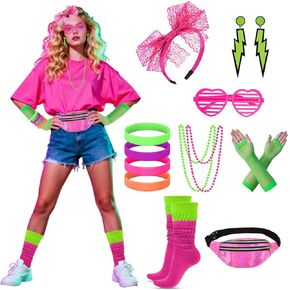 Xintorch 80s Accessories for Women 80s Neon Socks Holographic Fanny Pack Lace Headband Earrings Fishnet Gloves for 80's Party in Saudi Arabia