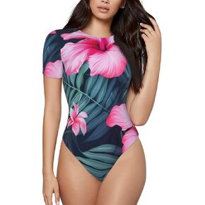 Women'S Short Sleeve Bodysuit - Hawaii Pink Flower Ladies Crew Neck Body Suits,Stretchy Slim Fit Leotard Top in Saudi Arabia