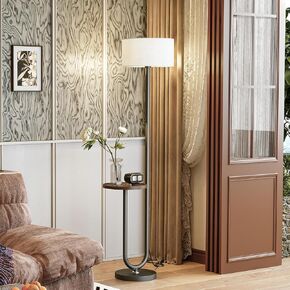62.9" Floor Lamp with Table Light Brown, White Shade Vintage Standing Lamp with Tray Foot Switch, 3 Color Temperatures LED Bulb Included, for Living Room, Bedroom in Saudi Arabia