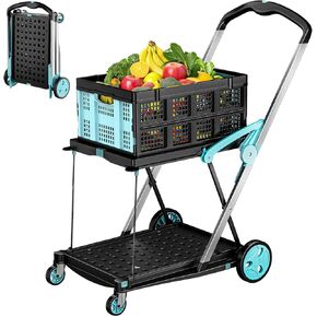 عربة تسوق قابلة للطي بعجلات، عربة بقالة بسعة 200 رطل مع صندوق تخزين واحد، عربات متعددة الوظائف قابلة للطي مع فرامل قدم للبقالة/المكتب/المستودع/السوبر ماركت، أزرق in Kuwait