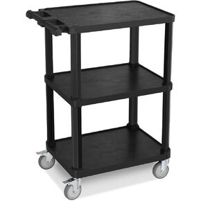3-Tier Plastic Flat Utility Cart, Commercial Rolling Service Cart on Wheels with Braker, Multi-Function Handle and Large Capacity Storage, Perfect for Warehouse Garage Office, Black in Saudi Arabia