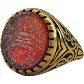 Adjustable Brass Signet Ring with Seal of Solomon Engraving on Red Agate Centerpiece Quranic Taweez for Wisdom, Protection, and Spiritual Power, Gifts for Muslims in Kuwait
