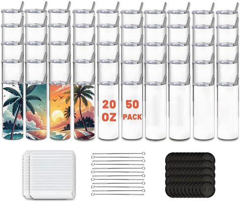 50 Pack Sublimation Blanks, 20oz Sublimation Tumblers Skinny Straight with Lids and Straws Bulk, Stainless Steel Double Wall Polymer Coating for Heat Transfer DIY Gifts in Saudi Arabia