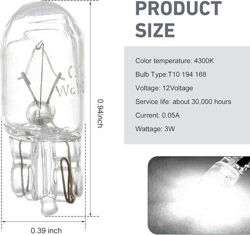 WZP 10PCS T10 Car Brake Lights, Clear T10 168 192 12V 5W Light Bulb, 1/4 Wedge Base, Car License Plate Side Marker Lights Signal Interior Tail Turn Brake (White Light) in Saudi Arabia