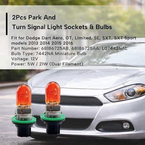 2Pcs Park and Turn Signal Light Sockets & Bulbs Kit Fit for Dodge Dart 2013 2014 2015 2016 7442NA Amber 12V 5W/21W Replacement 68186725AB L07442NALL Turn Signal Lamp Holder and Bulb Set in Kuwait