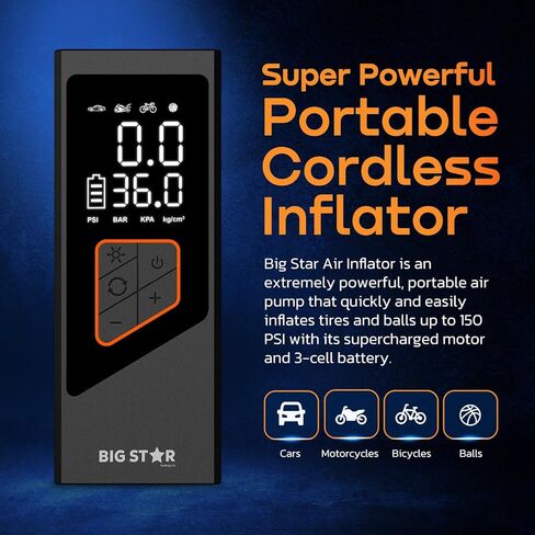 Portable Tire Inflator Air Compressor 150 PSI - Digital Gauge Auto Shut-Off LED Light for Car SUV Motorcycle Bike Balls - Fast 12V DC Pump w/ 10ft Cord (Big Star Trading) in Saudi Arabia