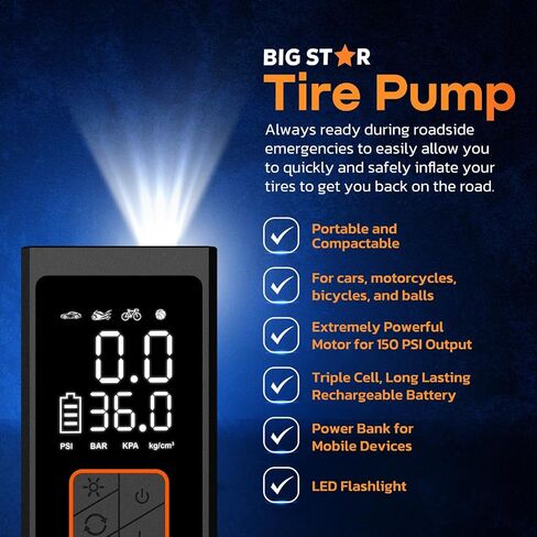 Portable Tire Inflator Air Compressor 150 PSI - Digital Gauge Auto Shut-Off LED Light for Car SUV Motorcycle Bike Balls - Fast 12V DC Pump w/ 10ft Cord (Big Star Trading) in Saudi Arabia