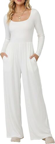 MAKABO Women's Long Sleeve Casual Jumpsuits One Piece Wide Leg Pant Square Neck Rompers Fashion Outfits with Pockets in Saudi Arabia