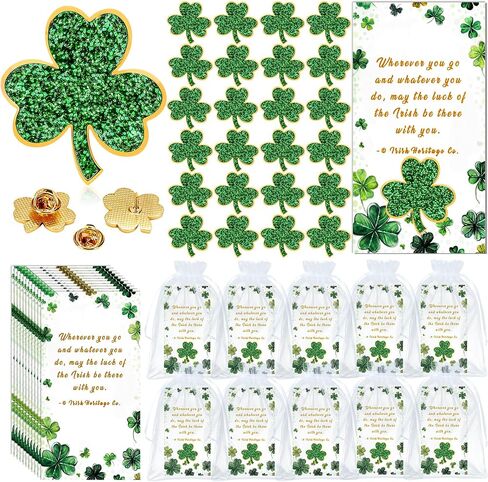 25/50 Sets St. Patricks Day Clover Lapel Pins Bulk Shamrock Pin Brooches with Blessing Cards and Gift Bags for St. Patrick's Day Gift Party Favors Jewelry Accessories Unisex in Kuwait