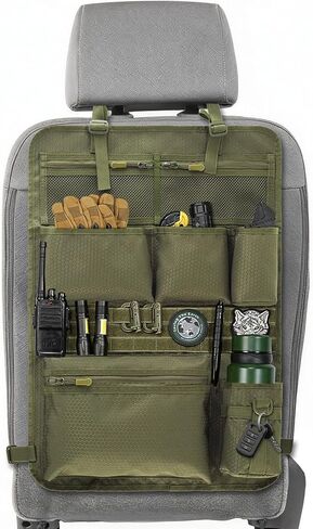 منظم مقعد السيارة التكتيكي مع جيوب متعددة، نظام لوحة MOLLE ومقصورات شبكية، تخزين عالمي للمقعد الخلفي للسيارة من النايلون المتين مع حامل أكواب، مقاوم للماء (أسود) in Kuwait