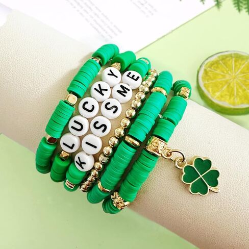 BONITTER 6 Pieces Green Four-Leaf Clover Bracelet Set, St Patricks Day Accessories with Green Hat Charm, Lucky Jewelry Gift for Women and Men in Saudi Arabia