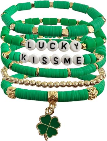 BONITTER 6 Pieces Green Four-Leaf Clover Bracelet Set, St Patricks Day Accessories with Green Hat Charm, Lucky Jewelry Gift for Women and Men in Saudi Arabia