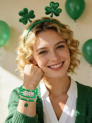 BONITTER 6 Pieces Green Four-Leaf Clover Bracelet Set, St Patricks Day Accessories with Green Hat Charm, Lucky Jewelry Gift for Women and Men in Saudi Arabia