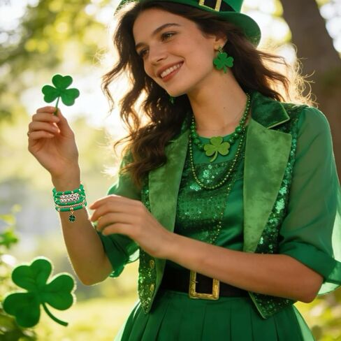 BONITTER 6 Pieces Green Four-Leaf Clover Bracelet Set, St Patricks Day Accessories with Green Hat Charm, Lucky Jewelry Gift for Women and Men in Saudi Arabia