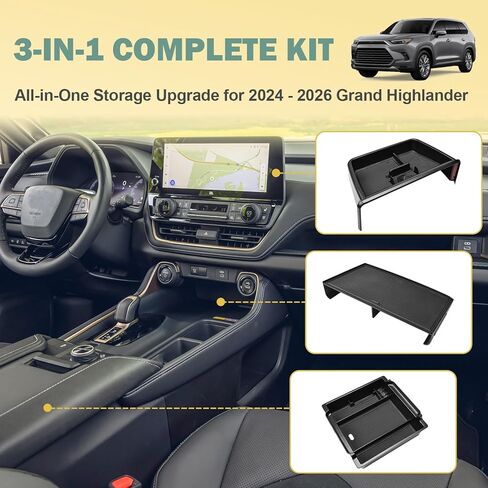 3PCS Center Console Organizer Set Compatible with 2024 2025 2026 Toyota Grand Highlander Accessories — Dashboard Organizer + Front Console Insert Divider + Armrest Storage Box, ABS Storage Tray in Saudi Arabia