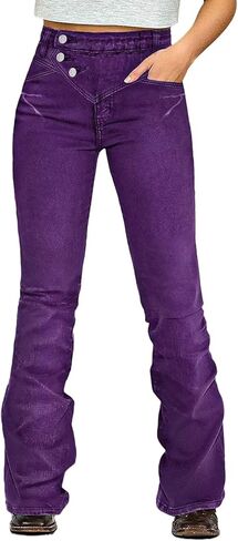 Flamingals Mid Waist Bootcut Pants for Women Back Button Decor Asymmetrical Patched Pocket Trendy Pants in Kuwait