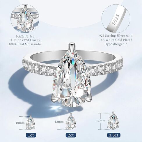خاتم خطوبة مويسانيتي للنساء، 3.3 قيراط D اللون VVS1، 925 فضة استرلينية مع مطلية بالذهب الأبيض عيار 18 قيراط، خاتم وعد الذكرى السنوية لها، خاتم زفاف مع صندوق هدايا، شهادة in Kuwait