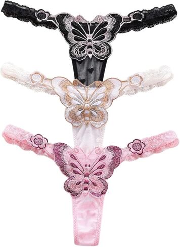 Women's 3 Packs Butterfly Embroidery Thongs Lace Sheer Low Rise Panty Underwear in Saudi Arabia