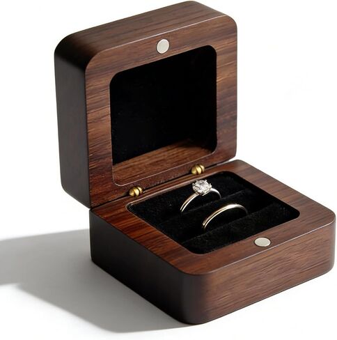 صندوق خاتم خشبي من خشب الجوز الأسود الصلب مع فتحة واحدة، حقيبة تخزين حلقية خشبية عتيقة حامل هدايا خاتم لحفل خطوبة وحفل زفاف in Kuwait