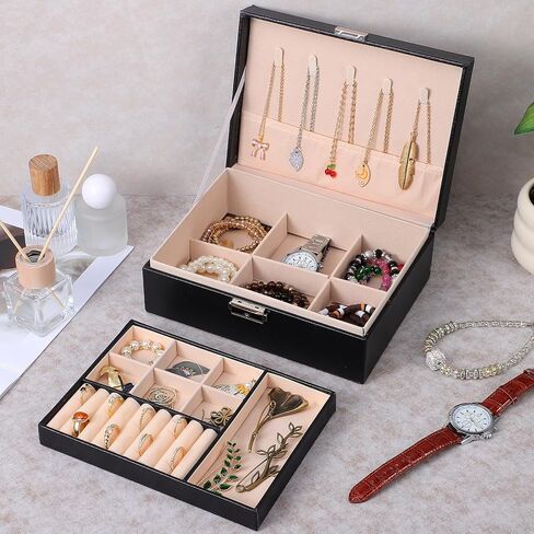 Jewelry Box Organizer for Men Women, PU Leather Jewelry Display Watch Storage Case Black Classic Large Jewellery Holder for Watches Necklace Bracelets Earrings in Saudi Arabia