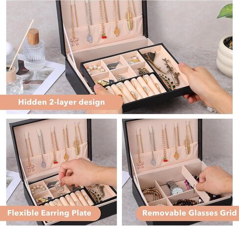 Jewelry Box Organizer for Men Women, PU Leather Jewelry Display Watch Storage Case Black Classic Large Jewellery Holder for Watches Necklace Bracelets Earrings in Saudi Arabia