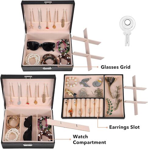 Jewelry Box Organizer for Men Women, PU Leather Jewelry Display Watch Storage Case Black Classic Large Jewellery Holder for Watches Necklace Bracelets Earrings in Saudi Arabia