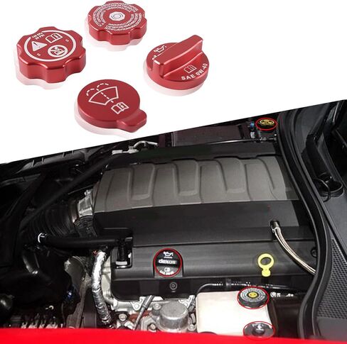 for Corvette C7 Engine Oil Cap Radiator Cap Windshield Washer Tank Cover Trim for Corvette C7 2014-2019 Aluminium Oil Filler Cap Coolant Cap Brake Fluid Cap Set Accessories (Red) in Saudi Arabia