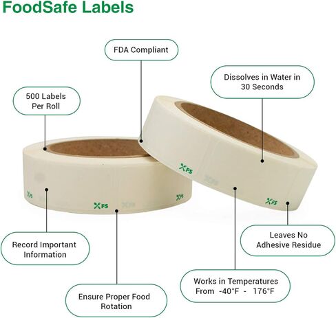 قابلة للذوبان عن طريق الغذاء الآمن - لا تترك أي بقايا لاصقة تذوب في الماء خلال 30 ثانية، مثالية للحاويات القابلة لإعادة الاستخدام - 500 ملصق لكل لفة in Kuwait