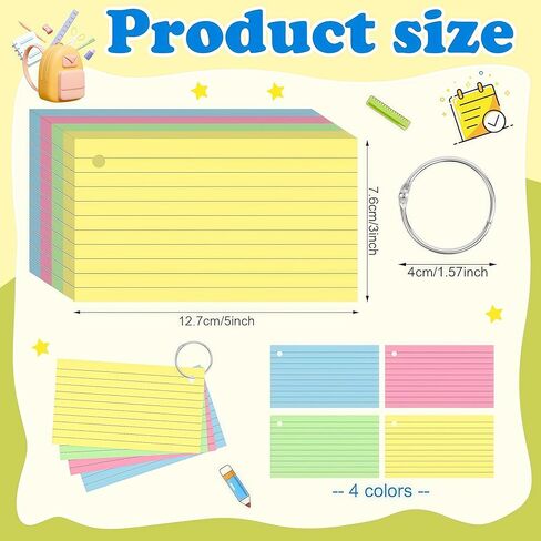 3x5 Inch-200 Count Index Cards with Key Ring, 4 Color Colored (50 Sheets Each) Flash Cards,Students, Teachers, Study Note Cards,table Note Taking for Office Home School in Saudi Arabia