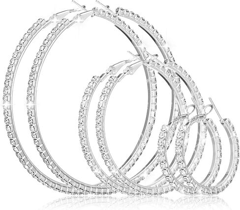 3 Pairs Rhinestone Hoop Earrings Set, 3/5/7 cm Shiny Round Party Lightweight Rhinestone Sparkly Hoop for Wedding Party Gift in Saudi Arabia