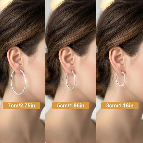 3 Pairs Rhinestone Hoop Earrings Set, 3/5/7 cm Shiny Round Party Lightweight Rhinestone Sparkly Hoop for Wedding Party Gift in Saudi Arabia
