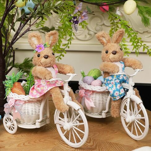 Juegoal Set of 2 Easter Tabletop Decorations Bunny Couple, 10" Rabbits Ride Bike, Cute Animal Figurine Gift, Easter Basket Filler Spring Home Kitchen Room Ornament in Saudi Arabia