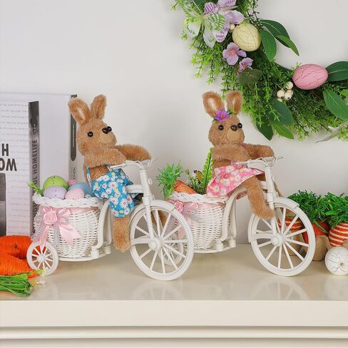 Juegoal Set of 2 Easter Tabletop Decorations Bunny Couple, 10" Rabbits Ride Bike, Cute Animal Figurine Gift, Easter Basket Filler Spring Home Kitchen Room Ornament in Saudi Arabia