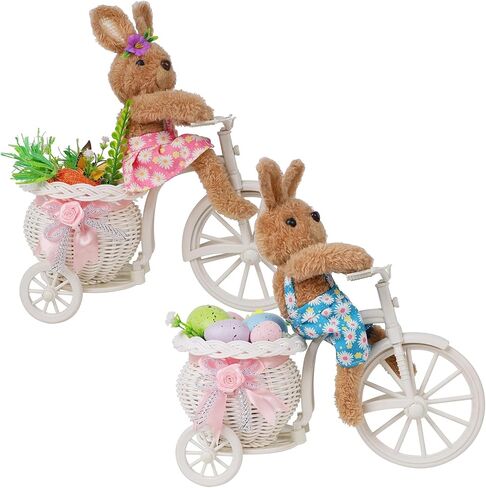 Juegoal Set of 2 Easter Tabletop Decorations Bunny Couple, 10" Rabbits Ride Bike, Cute Animal Figurine Gift, Easter Basket Filler Spring Home Kitchen Room Ornament in Saudi Arabia