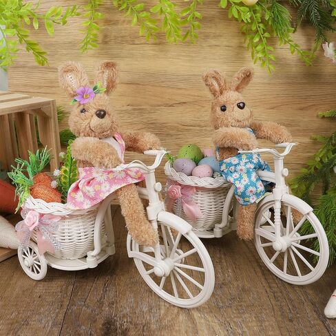 Juegoal Set of 2 Easter Tabletop Decorations Bunny Couple, 10" Rabbits Ride Bike, Cute Animal Figurine Gift, Easter Basket Filler Spring Home Kitchen Room Ornament in Saudi Arabia