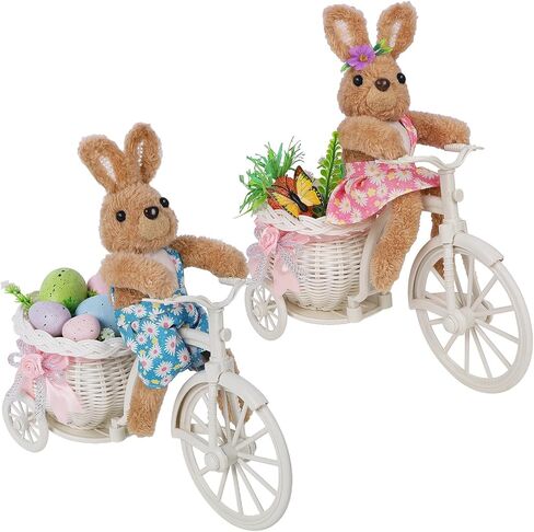 Juegoal Set of 2 Easter Tabletop Decorations Bunny Couple, 10" Rabbits Ride Bike, Cute Animal Figurine Gift, Easter Basket Filler Spring Home Kitchen Room Ornament in Saudi Arabia