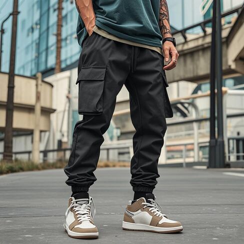 Men's Casual Cargo Pants Workout Joggers Baggy Sweatpants Hiking Drawstring Tactical Pants with Multi Pockets in Saudi Arabia