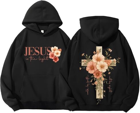 Faith Cross Christian Hoodies For Women With Floral Cross, Womens Graphic Sweatshirt Long Sleeve Shirt in Saudi Arabia