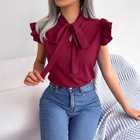 Bow Tie Chiffon Blouse Wine Red L in Saudi Arabia