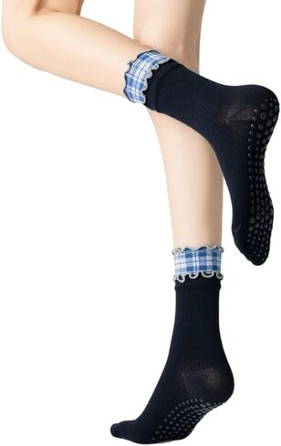 Verdancy Women’s Non Slip Grip Socks, Double Ruffled Mid Calf Crew Yoga Pilates Barre Socks with Plaid Layered Cuff in Saudi Arabia