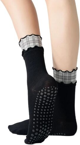 Verdancy Women’s Non Slip Grip Socks, Double Ruffled Mid Calf Crew Yoga Pilates Barre Socks with Plaid Layered Cuff in Saudi Arabia