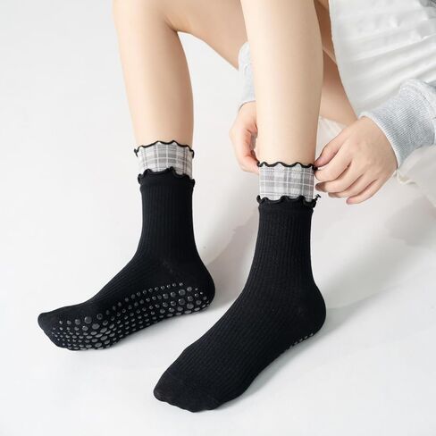 Verdancy Women’s Non Slip Grip Socks, Double Ruffled Mid Calf Crew Yoga Pilates Barre Socks with Plaid Layered Cuff in Saudi Arabia
