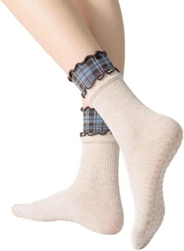 Verdancy Women’s Non Slip Grip Socks, Double Ruffled Mid Calf Crew Yoga Pilates Barre Socks with Plaid Layered Cuff in Saudi Arabia
