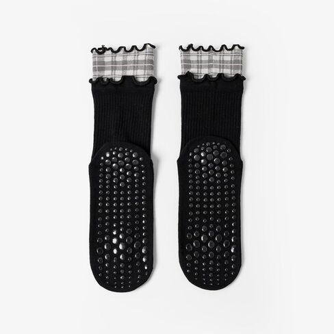 Verdancy Women’s Non Slip Grip Socks, Double Ruffled Mid Calf Crew Yoga Pilates Barre Socks with Plaid Layered Cuff in Saudi Arabia