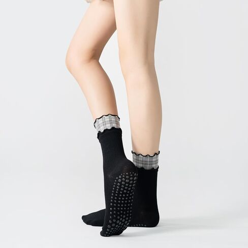 Verdancy Women’s Non Slip Grip Socks, Double Ruffled Mid Calf Crew Yoga Pilates Barre Socks with Plaid Layered Cuff in Saudi Arabia